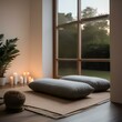 A serene yogameditation room with floor cushions, candles, and natural light3