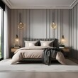A contemporary bedroom with a statement wall, unique lighting, and minimalist decor1