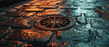 Rainy Street With Exposed Sewer Cover