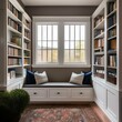 A cozy reading nook with a window seat, bookshelves, and soft lighting1