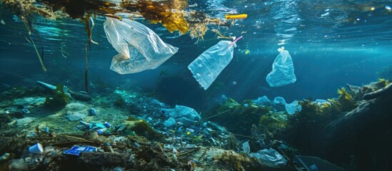 Wall Mural - oceanic pollution caused by plastic, including bags, straws, and bottles, evidenced through submerge