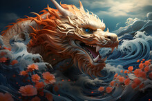 A Colorful Chinese Brush Painting Of A Highly Detailed Colorful Chinese Dragon Baring Its Fangs. Fly Among Beautiful Clouds Below The Picture Is A Blue Sea. The Light Hits The Waves And Sparkles.