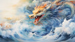 A colorful Chinese brush painting of a highly detailed colorful Chinese dragon baring its fangs. Fly among beautiful clouds Below the picture is a blue sea. The light hits the waves and sparkles.
