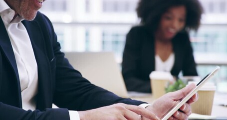 Wall Mural - Happy businessman, hands and tablet in meeting for research, communication or networking at office. Man or employee smile working on technology for online search, planning or email at workplace