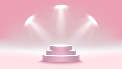 Poster - Pink stage podium with lighting, Stage Podium Scene for an Award Ceremony on a pink background, Vector illustration.