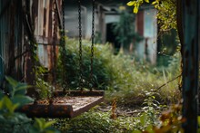 Old Swing In An Overgrown Yard, A Nostalgic Symbol Of Nature Taking Over Man-made Objects

