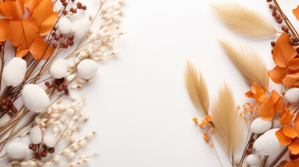 Canvas Print - A creative arrangement of autumn leaves, dried berries, and white elements on a clear background.