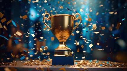 a single golden trophy stands center stage surrounded by a festive explosion of confetti, symbolizin