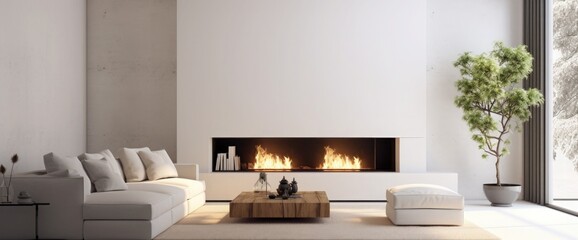 Minimalist living room interior with white walls and modern fireplace