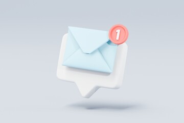 Fototapete - 3d mail envelope icon with notification new message sign icon. Minimal 3d email letter with notification red bubble unread icon. message mailbox concept 3d icon. isolated blue background 3d rendering.