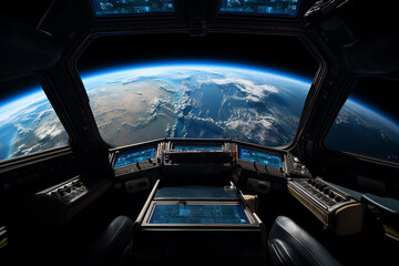 Wall Mural - earth view from space ship, view from inside space station looking at the earth and the moon
