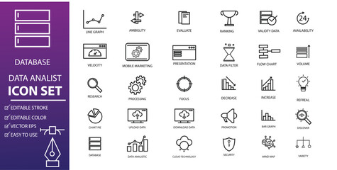 Wall Mural - Technology icon set. Editable stroke outline data analyst simple style. suitable for design of app, UI or web elements about software development, business web and technology applications