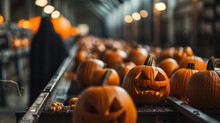 Devil In Black Cloak Work With Pumpkins With Halloween Scary Face On Conveyor Belt Line, Distribution Warehouse Decorated With Halloween Props. E - Commerce And Storage Of Pumpkins.