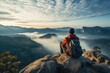 Man hiker sit on edge of cliff and watch over misty valley to Sun, Man sitting on a cliff edge alone enjoying the aerial view of backpacking lifestyle travel adventure outdoor, AI Generated