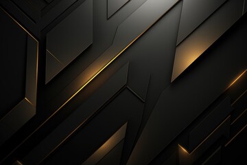 Poster - Abstract black and golden metallic background. 3d render illustration design, Luxury abstract black metal background with golden light lines, Dark 3D geometric texture, AI Generated