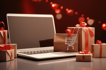 Poster - Laptop with shopping cart and gift boxes. Online shopping concept. 3D Rendering, Product package boxes and a shopping bag in a cart with a laptop computer for online shopping, AI Generated