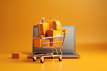 Poster - Shopping cart with shopping bags and laptop on orange background. 3d illustration, Product package boxes and a shopping bag in a cart with a laptop computer for online shopping, AI Generated