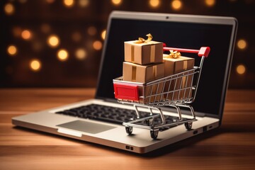 Poster - Shopping cart with gift boxes on laptop. Online shopping concept, Product package boxes and a shopping bag in a cart with a laptop computer for online shopping, AI Generated