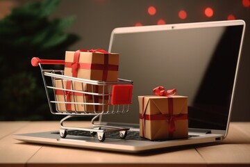 Poster - Shopping cart with gift boxes on laptop keyboard. Online shopping concept, Product package boxes and a shopping bag in a cart with a laptop computer for online shopping, AI Generated