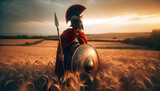 Fototapeta Most - A Spartan soldier stands with a spear and shield in a field, the Spartans became one of the most feared and formidable military forces in the Greek world