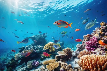 Wall Mural - Coral reef and tropical fish in the Red Sea. Egypt, Large school of fish on a tropical coral reef in the Red Sea, AI Generated