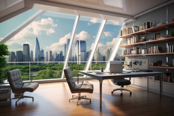 Poster - Modern office interior with panoramic window and city view. 3D Rendering, Modern home office interior with furniture, computer, and city view, presented in 3D rendering, AI Generated