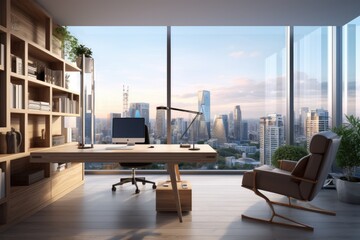Poster - Modern office interior with furniture and city view. 3D Rendering, Modern home office interior with furniture, computer, and city view, presented in 3D rendering, AI Generated
