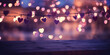 Heart-shaped bokeh lights strung above a wooden surface, creating a whimsical and romantic evening atmosphere.
