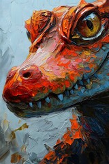 Wall Mural - red blue lizard orange eyes impasto full face close portrait dinosaur merging crocodile head oil swirling paint giraffe mate naturalistic technique