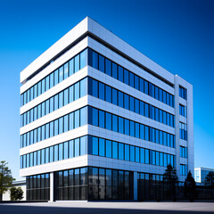 Sticker - A modern office building against a clear blue sky.