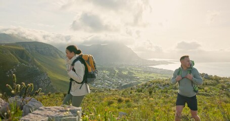 Wall Mural - couple walking, hiking on mountain and nature for adventure, travel or journey for wellness and expl