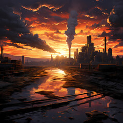 Canvas Print - A dramatic sunset over an industrial cityscape.