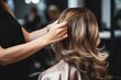 © Ifti Digital - Professional hairdresser doing hairstyle for young woman in beauty salon, Professional hairdresser creating a hairstyle for women in a beauty salon, captured in a close-up shot, AI Generated