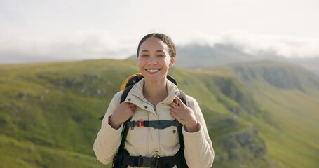 Wall Mural - happy woman, face and backpack with mountain for hiking, adventure or outdoor journey in nature. por