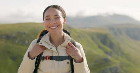 Wall Mural - happy woman, face and backpack with mountain in nature for hiking, adventure or outdoor journey. por