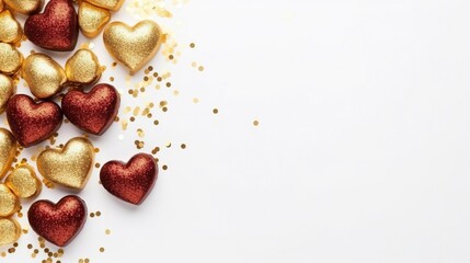 Poster - Red and yellow hearts with gold glitter on a white background with space for writing