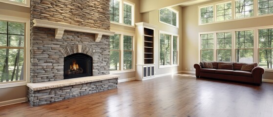 Family room in luxury home with two story stone fireplace