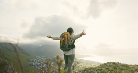 Wall Mural - woman, mountain top and freedom or success for hiking goals, travel or trekking adventure in nature.