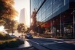 Glistening morning rays kiss the urban landscape, where the tranquility of a city at dawn is captured along a tree-adorned street, flanked by modern glass buildings reflecting the awakening sky