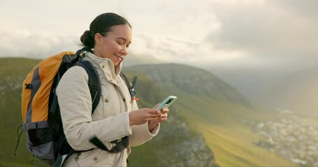 Wall Mural - woman hiking and travel on mountains with phone for social media update, location search and outdoor