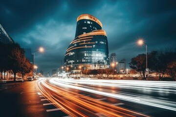Poster - the light trails on the modern building background in shanghai china, Night cityscape with a building and road in Beijing city, AI Generated