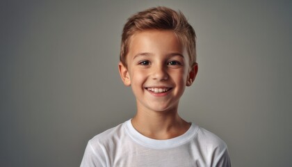 Wall Mural -  a young boy wearing a white t - shirt smiles at the camera with a smile on his face as he stands in front of a gray background with a gray backdrop.