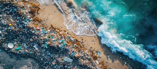 Wall Mural - aerial view of plastic and human waste polluting the ocean and water.