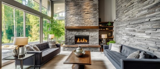 Modern great room features a floor to ceiling stone fireplace, gray tufted sofa paired with two gray armchairs over fluffy rug. Northwest, USA