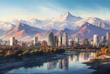 Fototapeta  - Mt. Fuji and cityscape of Yamanashi, Japan, Panorama von Santiago, Chile, mit Andenkordillere, AI Generated