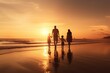 Happy family on a tropical beach at sunset. Silhouettes of parents and children, Rear view of a happy family walking hand in hand down a paradise beach during sunset, AI Generated