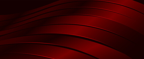 Poster - Elegant metallic technology background with 3d curvy stripes. Red beautiful 3d background with smooth lines and waves of metal. Wavy dark red ribbons backdrop. Technology background. Vector EPS10.