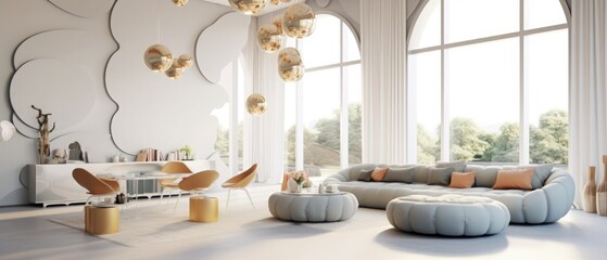 modern open-plan room interior in futuristic style in pastel colors with graphic wall decoration. very high ceilings and a huge window. soft stylish furniture with gold metallic elements