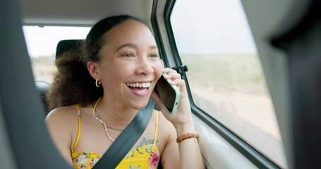 Canvas Print - Woman, phone call and road trip in car with laugh, chat or conversation by window, journey or travel. Girl, smartphone and talking with thinking, funny story and street for transportation on holiday