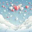 Paper art of flying heart balloons and small hearts. scattered in the sky Valentine's Day concept art and illustration
